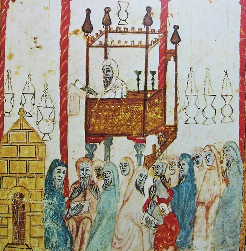 Los fieles en la sinagoga. Hagadá de Barcelona