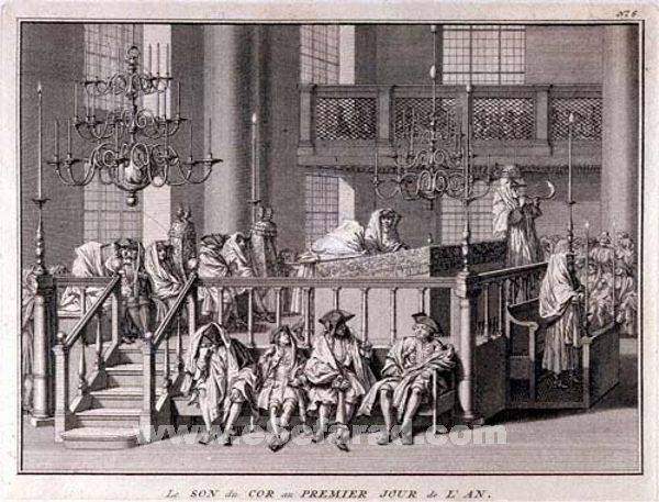 Sonido del shofar en Rosh Ha-Shaná en la Sinagoga Portuguesa de Amsterdam. Grabado de Bernard Picart 1728