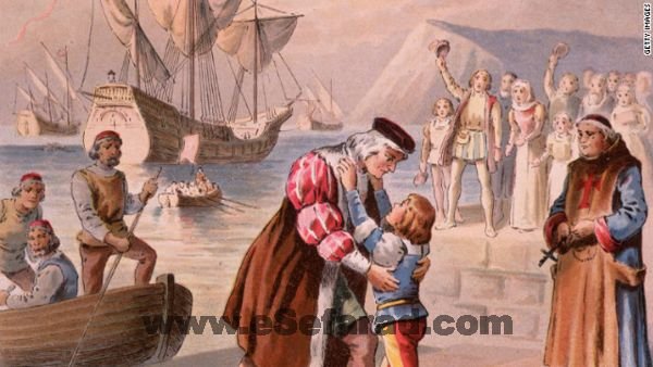 Christopher Columbus bids farewell to his son Diego at Palos, Spain, before embarking on his first voyage on August 3, 1492