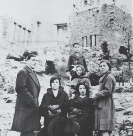 A family of Greek Jews poses at the arthenon in Athens in 1930 or 1931. Pictured in front from left to right are Isaac Cases, Sarah (Kolonomos) Nehama, Donna Kolonomos Cases, and Rachel  Cases. Standing behind in the center is Miriam Cases. Standing at the top is Isaac Nehama. US Holocaust Memorial Museum, courtesy of Isaac Nehama