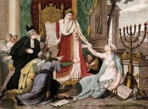 Napoleón fue el primo djefe de Estado de Evropa en akordar la liverta de kulto para todas las relijiones. En esta litografía de la epoka, ande se la da al puevlo djudío reprezentado por la mujer ke sostiene la Ménorah.