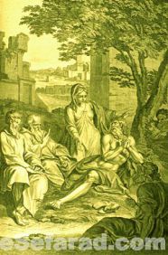 Iyov entornado de sus  amigos i de su mujer. A la derecha, Elihu eskondiendose detras de un arvole.  Gerard Hoet, 1728 