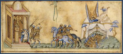En el derecho, el Andjelo del Dio, aharvando a la armada de Sanherib durante el siejo de Yerushalayim; en el siedro, la matansina de Sanherib, despues ke se avia aboltado del siejo. Artisto non konosido Italia, Siglo XIII