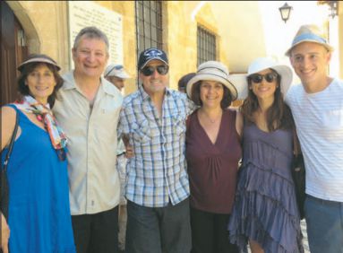 From left: Nadene Alhadeff, David Port, Vic Alhadeff, Leah Port and the engaged couple, Daniella Alhadeff and Jonathan Gavshon at the entrance to the only surviving synagogue on the island