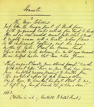 Emma Lazarus’ [Statue of Liberty] poem 'The New Colossus' in her original handwriting - 1883 Image courtesy of the archives of the American Jewish Historical Society