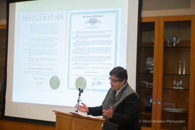 UW’s Provost, Ana Mari Cauce, reading the mayor’s proclamation on International Ladino Day.