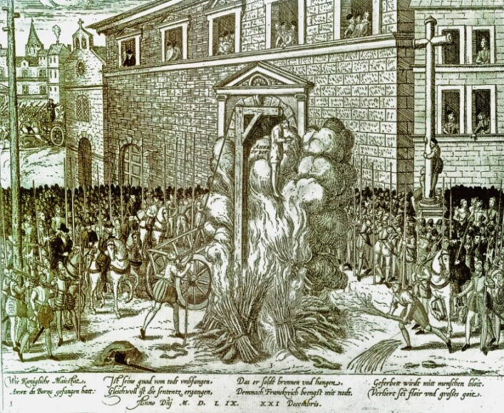 La egzekusion de Anne du Bourg,   mestro de La Boétie. Du Bourg  fue despues konsejero del Parlamento de Paris. Fue kemado despues de ser enforkado, por aver defendido el Protestanizmo. Asigun una Gravura de Tortorel et Perrissin. Kortezia del Muzeo Calvin, Noyon
