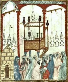 Hazan, meldando la Agada de Pesah, Andaluzia. Agada de Barcelona, siglo XIV