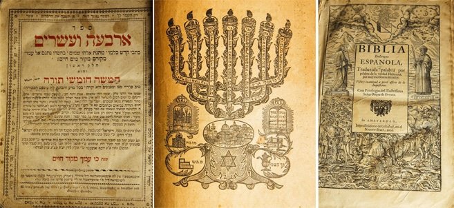 Libros en ladino expuestos en el Círculo de Bellas Artes en Madrid. Se exhiben 90, de los que 73 son Biblias. J. AYMÁ