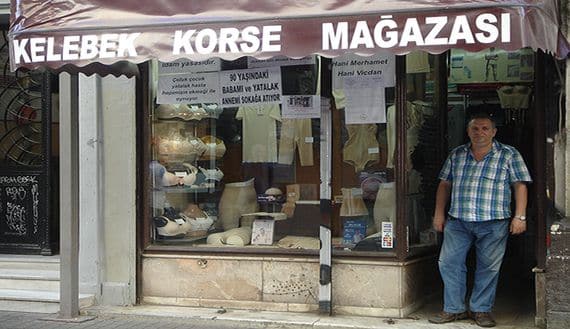 Ilya Avramoglu, manager of Kelebek Corset Shop, stands outside his family's store. (photo by Nektaria Petrou) Read more: http://www.al-monitor.com/pulse/originals/2014/08/petrou-jewish-corset-merchant-istanbul-istklal-faces-eviction.html##ixzz3JufrtbT6