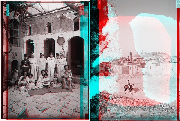 Jewish family in Aleppo (left) and the Aleppo Citadel seen from the southwest, c. 1910. The original stereographic images have been altered into an anaglyph. When viewed through red-cyan glasses, the above image will produce a stereoscopic 3D effect. (Anaglyphs Tablet Magazine; original photos Library of Congress)