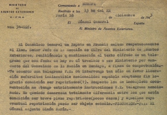 Uno de los telegramas en los que los diplomáticos pedían, inútilmente, ayuda para salvar a judíos sefardíes