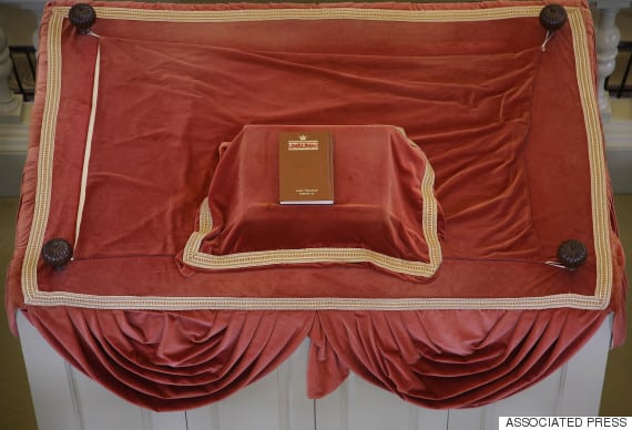 A "siddur" (prayer book) sits atop the "Bima" (reader's deck) at the Touro Synagogue