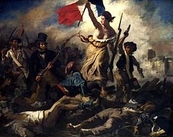 La Libertad guiando al pueblo, pintura de Eugène Delacroix, erróneamente asociada a la Revolución de 1789 pese a que corresponde a los sucesos revolucionarios de 1830. Museo del Louvre, París