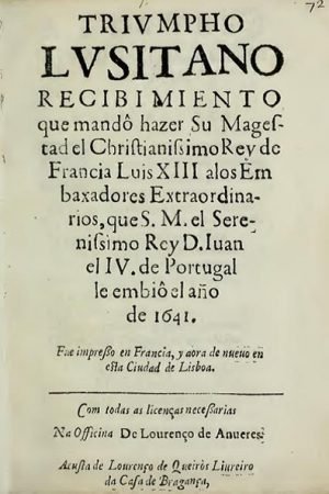 Portada de «Triunfo lusitano», de Antonio Enríquez Gómez. Lisboa, 1641.