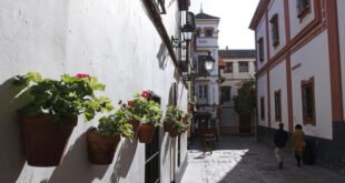 Macetas en la calle Jamerdana, y al fondo, la popular Hostería del Laurel. / JOSÉ ÁNGEL GARCÍA