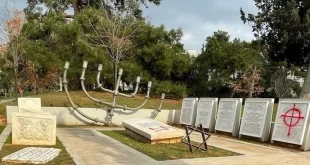 El memorial del Holocausto destrozado en la Universidad Aristóteles en Tesalónica, Grecia, 27 de diciembre de 2022. (Junta Central de Comunidades Judías en Grecia).