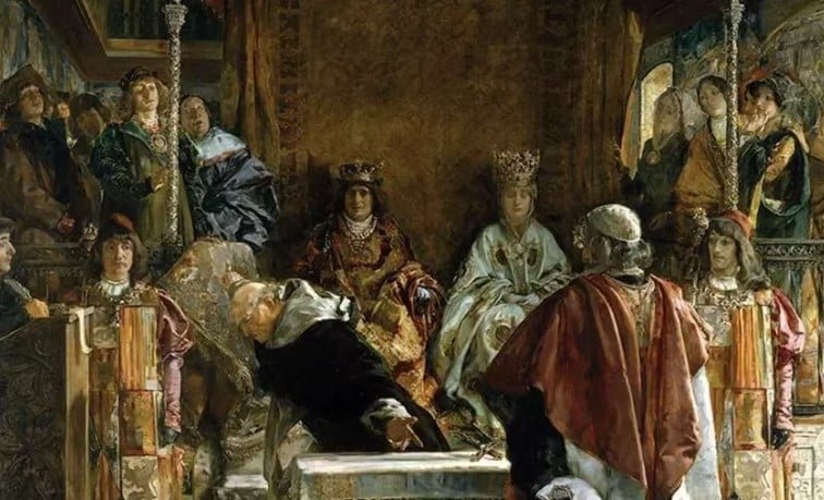 Expulsión de los judíos de España, Emilio Sala (1889).La obra representa a fray Tomás de Torquemada en presencia de los Reyes Católicos e instándoles a que expulsaran a los judíos de sus reinos, lo que se llevó a efecto en 1492, año en que Cristóbal Colón descubrió América y también el año en que los mismos monarcas reconquistaron la ciudad de Granada a los musulmanes, que era su último bastión en la Península Ibérica. (Wikimedia Commons)