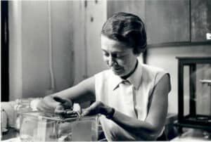 Levi-Montalcini en su laboratorio a comienzos de los años 60. (Crédito: Biblioteca Médica Becker)