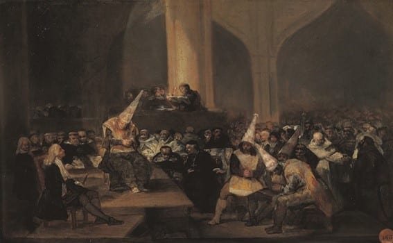 Auto de fe, de Goya, donde se ve a cuatro reos vestidos con el sambenito y el capirote o coroza.