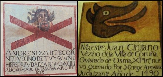 Modelos de manteta con ilustración del condenado ardiendo (de Tuy, 1619), y de médico judío quemado en Coruña de Osma (Burgos), en un el auto de fe de 1490.