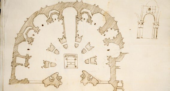 Girola repleta de sambenitos. Plano e informe de Juan de la Vega (1594). Este dibujo fue aportado para el juicio del arzobispo Pedro de Castro contra la Inquisición. Quería que se eliminasen todos los sambenitos colgados en la capilla mayor de la Catedral, única parte finalizada para entonces y ya en uso. Las letras A indican los pilares donde rechazaba que se colgasen grupos de mantetas (de cuatro, como se aprecia en el detalle de la derecha). Las letra B marcan los grupos de al menos diez sambenitos puestos sobre los arcos de las capillas más bajas: Cristo de las Penas, San Blas, San Sebastián y Puerta del Colegio o de Siloé (los arcos de las otras seis capillas son demasiado elevados como para verse las letras desde abajo). Con las letras C marcan las dos paredes traseras, de pocos metros de altura, que recogían las sillas del coro provisional de canónigos. La letra D indica el pasillo de acceso primitivo (puerta de Diego de Siloé, letra G), que también estuvo repleto de cartelones. GENTILEZA INSTITUTO VALENCIA DE DON JUAN.