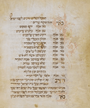 Las bendiciones de la mañana del libro de oraciones de una mujer manuscrita, Siddur Lekhol Hashanah, copiado en 1471 por Abraham Farissol, en el que la mujer alaba a Dios por haberla hecho mujer y no hombre (línea 9). Cortesía de la Biblioteca del Seminario Teológico Judío (JTSA Ms. 8255, fol. 5b).