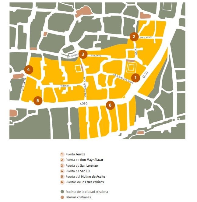 Detalle del plano de la judería de la capital aragonesa que contiene la Guía de la Judería de Zaragoza. FOTO: Guía de la Judería de Zaragoza.