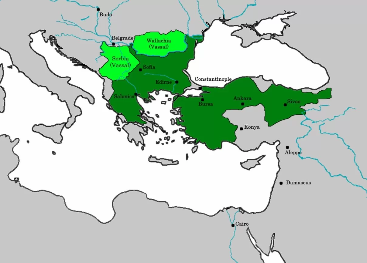 Una representación del Imperio Otomano y sus dependencias en 1451 (mapa: Chamboz, CC BY-SA 4.0, Wikimedia Commons , recortado para ampliar la región).