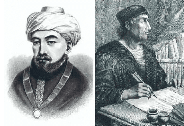 Retratos de Maimónides, médico, astrónomo, rabino y filósofo, y Antonio de Nebrija, autor de la primera gramática castellana e hijo de conversos.
