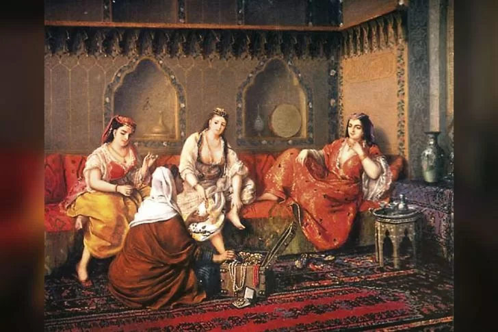 Las mujeres del harén compraban joyas y otros artículos a los "judíos de la corte". "De compras en el harén", cuadro delpintor húngaro Sandor Alexander Svoboda (1826–1896), de mediados del siglo XIX.