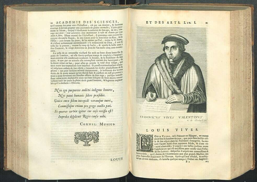 Extracto del libro "Academie des sciences et des arts", en el que se habla de la figura de Vives (Biblioteca Nacional de Polonia / Wikimedia Commons)