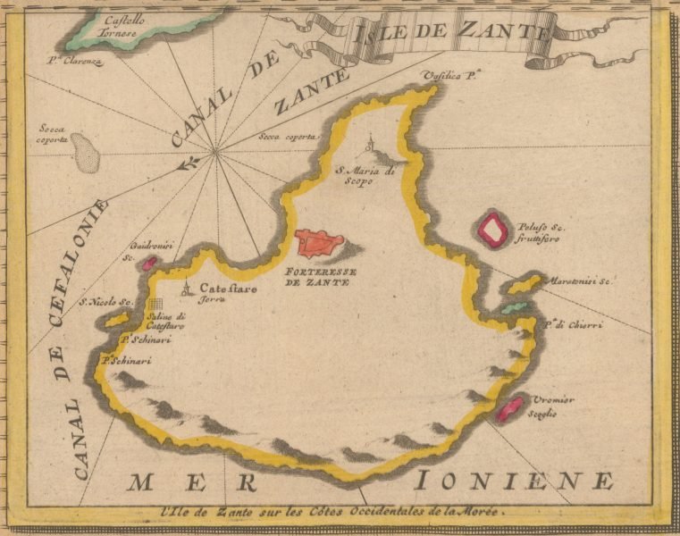 La isla de Zakynthos (Zante) tal como aparece en un mapa de 1729, de: La Galerie Agreable Du Monde , Pieter van der Aa, Leiden, Colección cartográfica Eran Laor de la Biblioteca Nacional de Israel