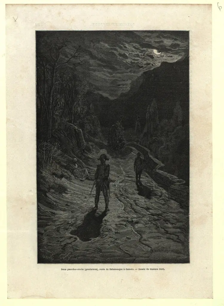 FIG. 3. Dos guardias civiles en la carretera de Zamora a Salamanca. Ilustración de Gustave Doré