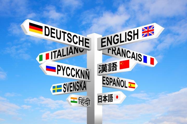 Idiomas multilingües y banderas cartel contra el cielo azul.Getty Images/iStockphoto
