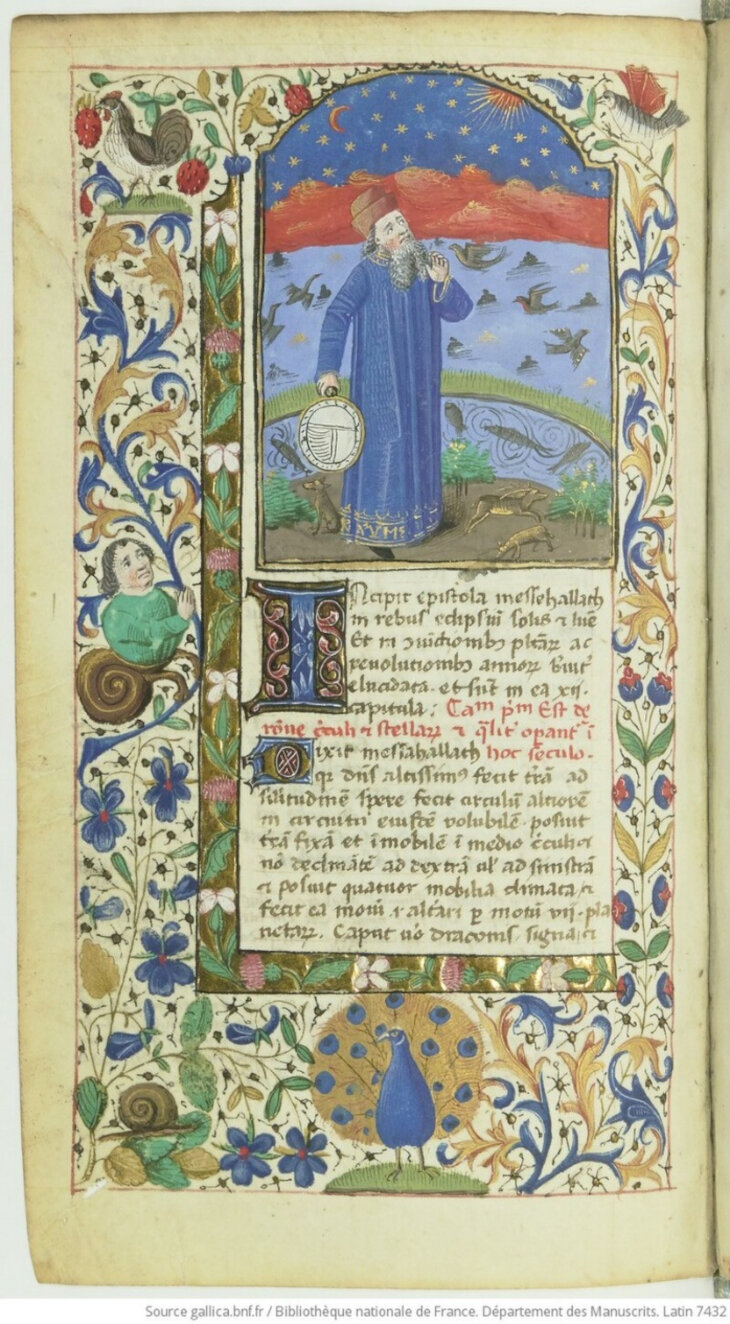 Manuscrito ilustrado del siglo XV que representa a Mashallah contemplando el cielo.