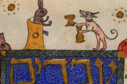 Perro persiguiendo una liebre (Hagadá de Barcelona, c.1350)