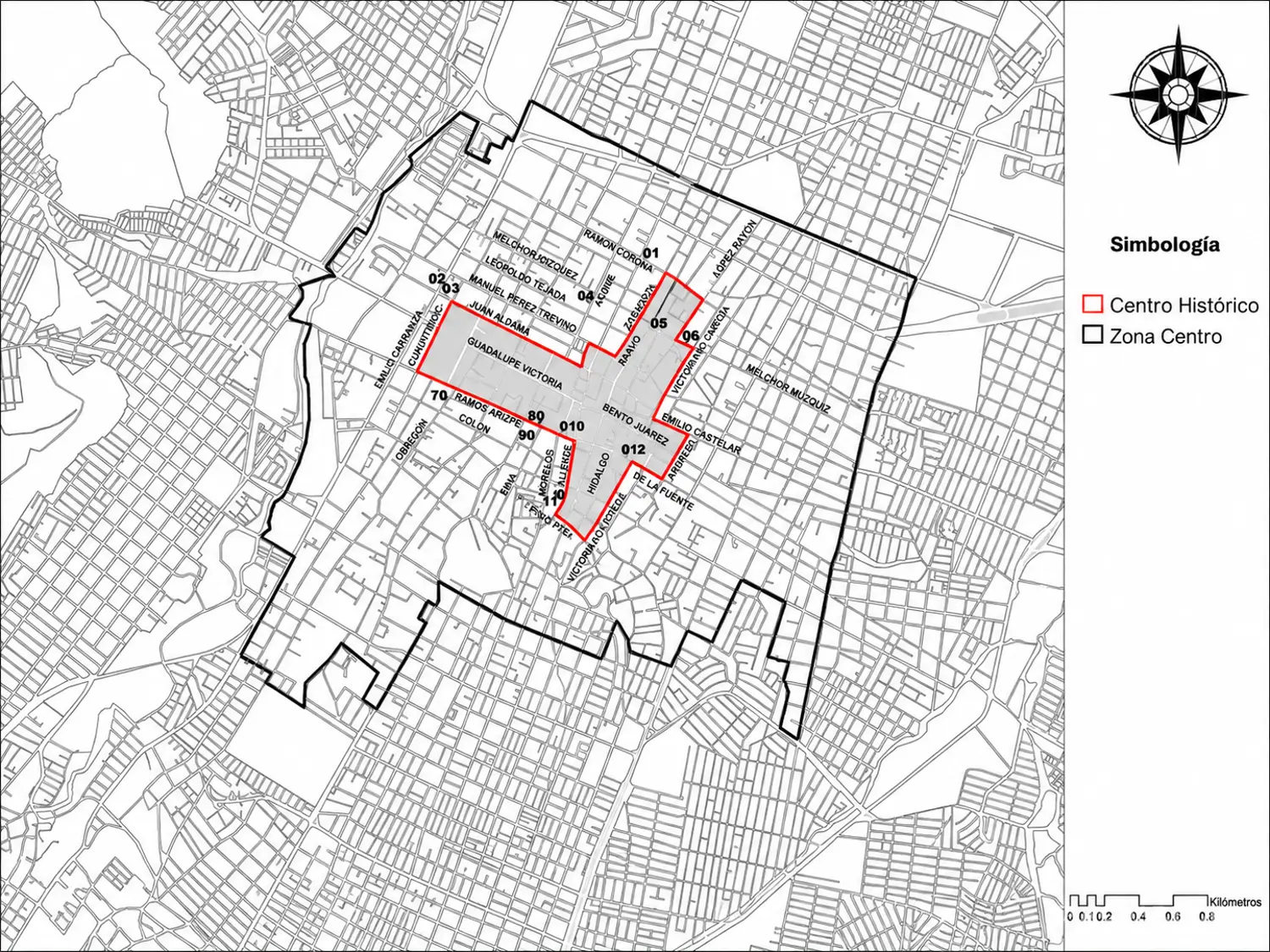 Primer cuadro de la ciudad de Saltillo, Coahuila, donde se ubican los ornamentos encontrados en las ventanas de las viviendas que aparecen en el documento citado.Elaborado por Alejandro Pérez Cervantes y Argelia Isabel Dávila del Bosque